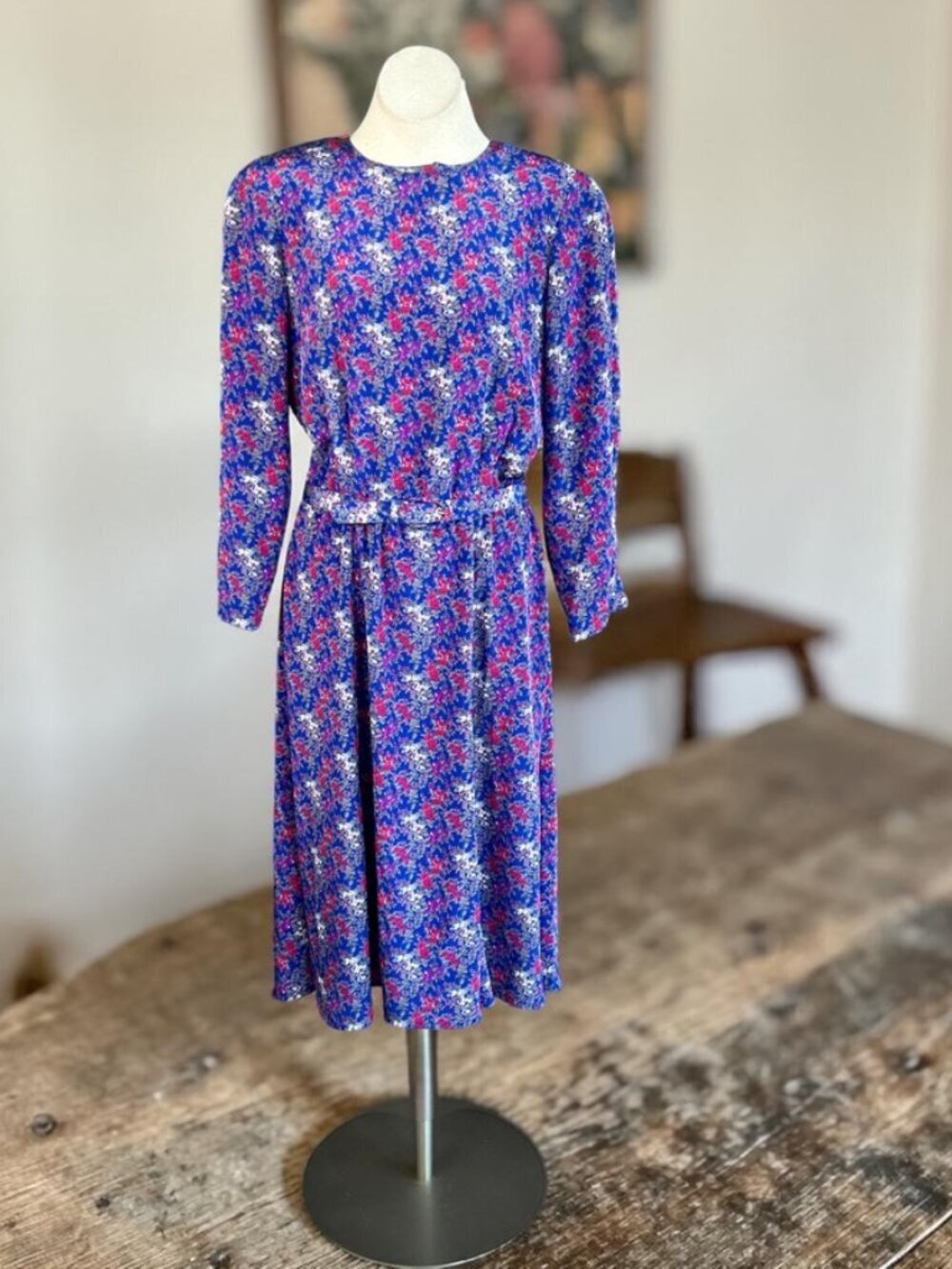Vintage Liz Claiborne Blue Floral Modest Belted Shirtwaist Dress Size 16